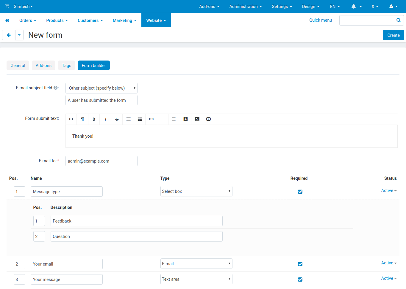 Χρησιμοποιήστε την καρτέλα Form Builder για να καθορίσετε τα πεδία της φόρμας και τη διεύθυνση email όπου θα αποστέλλονται οι συμπληρωμένες φόρμες.