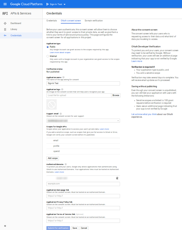Ρύθμιση της OAuth consent screen στο Google Cloud.