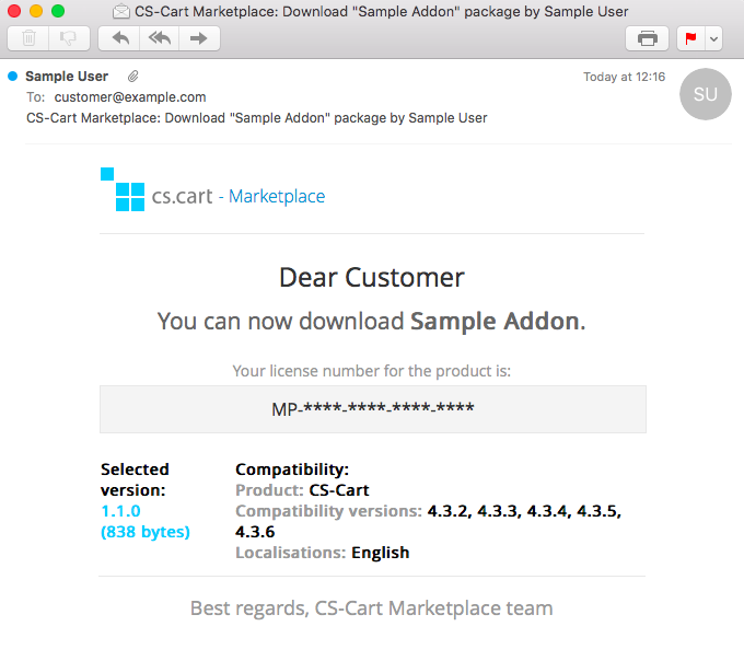 Ένα email από το Marketplace περιλαμβάνει αριθμό άδειας πρόσθετου, συνδέσμους λήψης και πληροφορίες συμβατότητας.