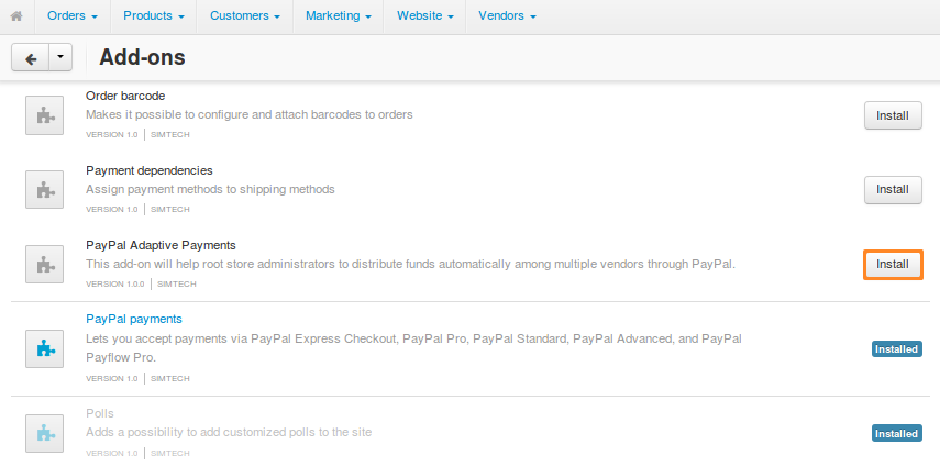 Εύρεση και εγκατάσταση του προσθέτου PayPal Adaptive Payments.