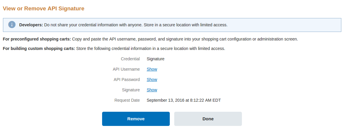Προβολή των διαπιστευτηρίων PayPal API.