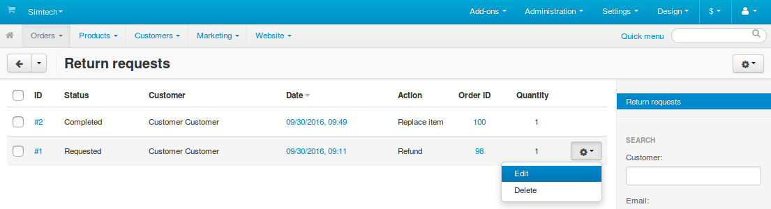 The list of requested returns in CS-Cart.