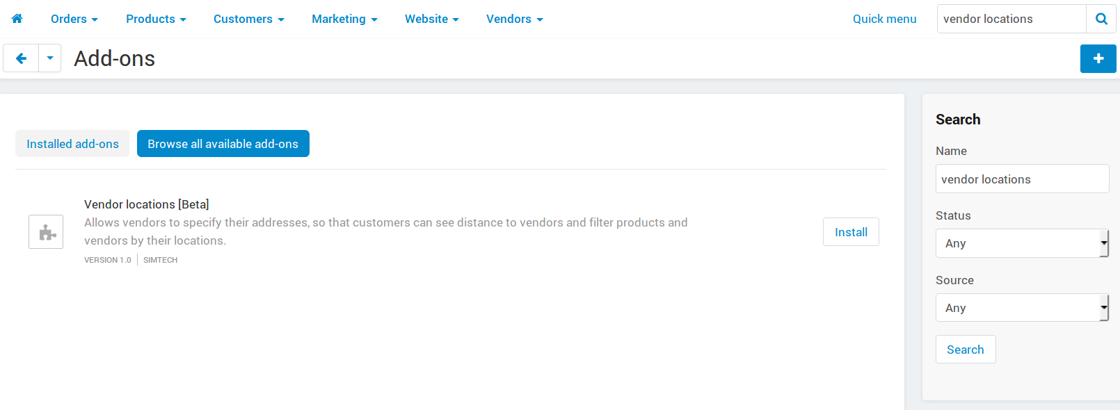 Το Πρόσθετο "Vendor locations" δεν είναι εγκατεστημένο από προεπιλογή.