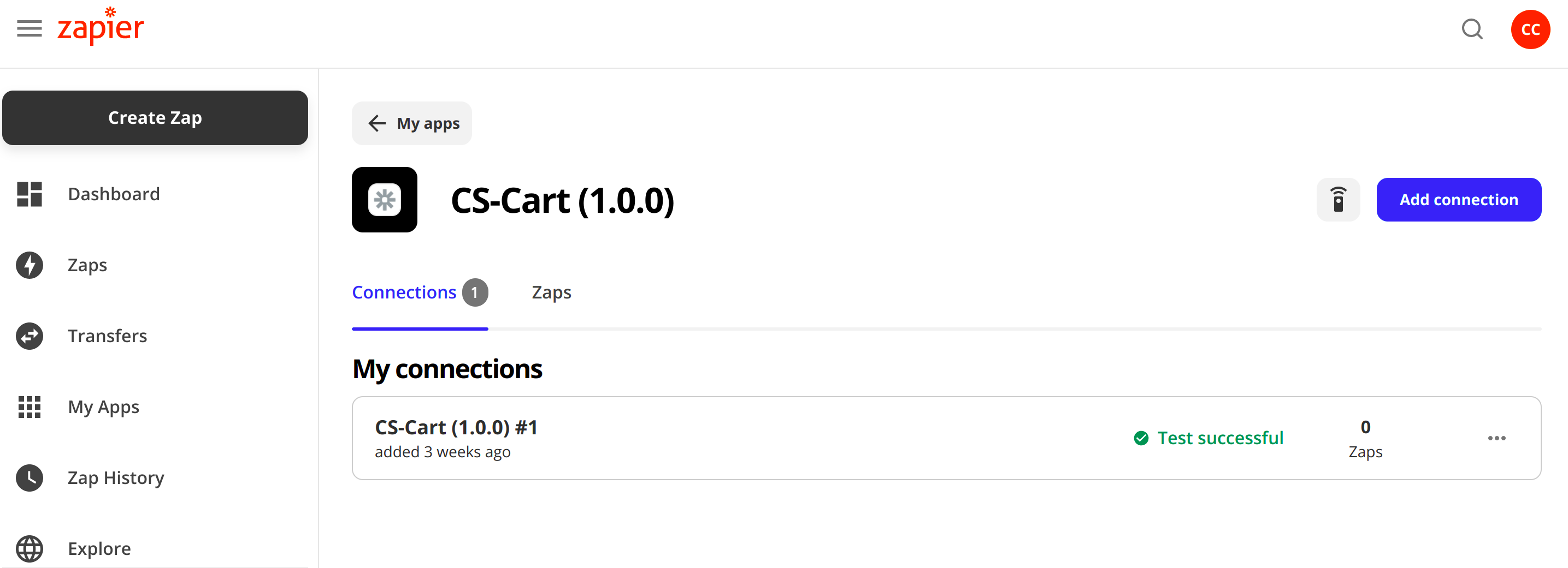 Η σύνδεση με το CS-Cart στη λίστα συνδέσεων του Zapier.