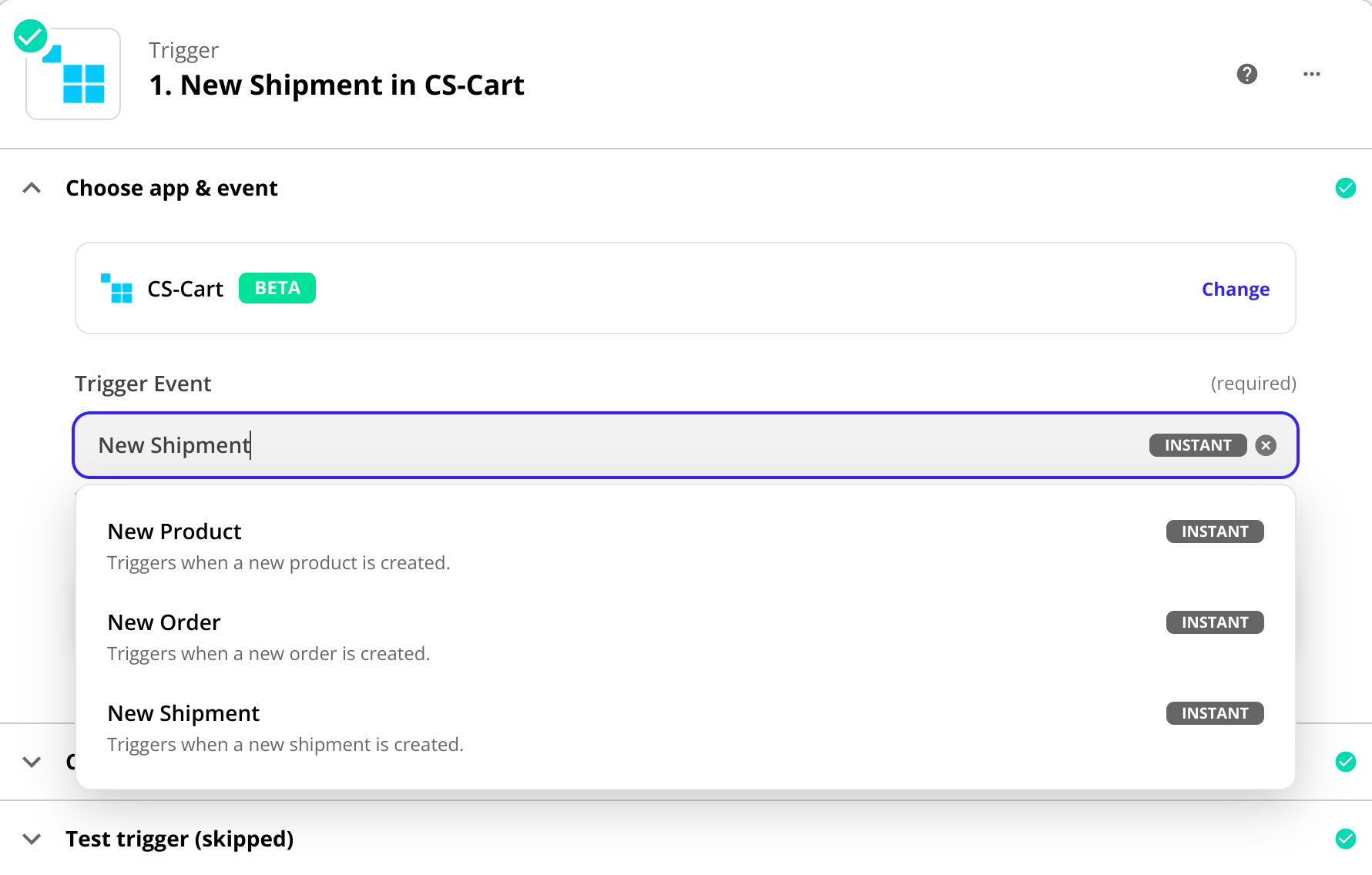 Τα διαθέσιμα trigger events όταν επιλέγετε το CS-Cart ως εφαρμογή.