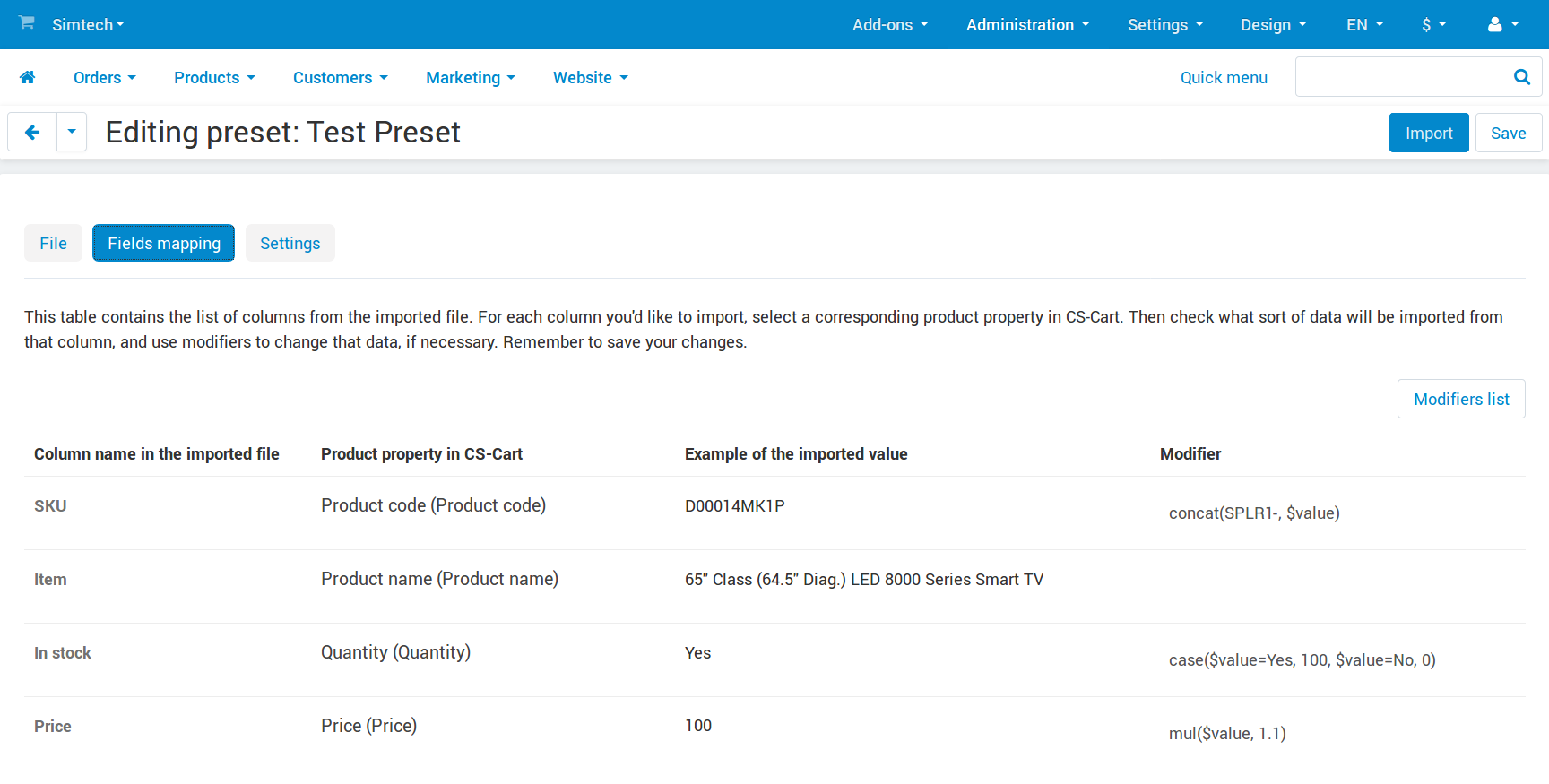 Matching product properties with the imported file