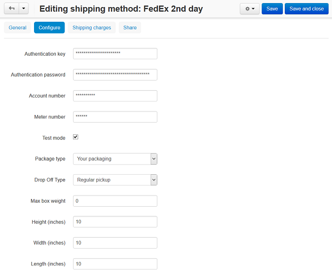 Η καρτέλα "Configure" μιας μεθόδου αποστολής FedEx στο CS-Cart και Multi-Vendor.