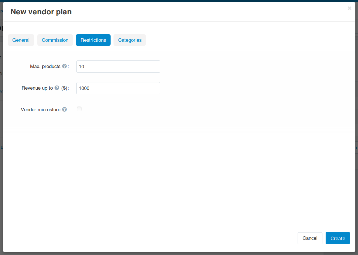 The "Restrictions" tab of a vendor plan.